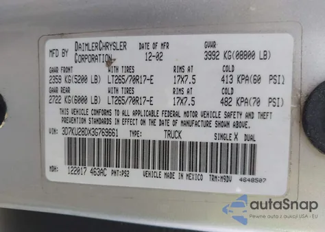 2003 Dodge Ram 2500 Slt/Laramie/St z USA, uszkodzony, nr VIN 3D7KU28DX3G769661